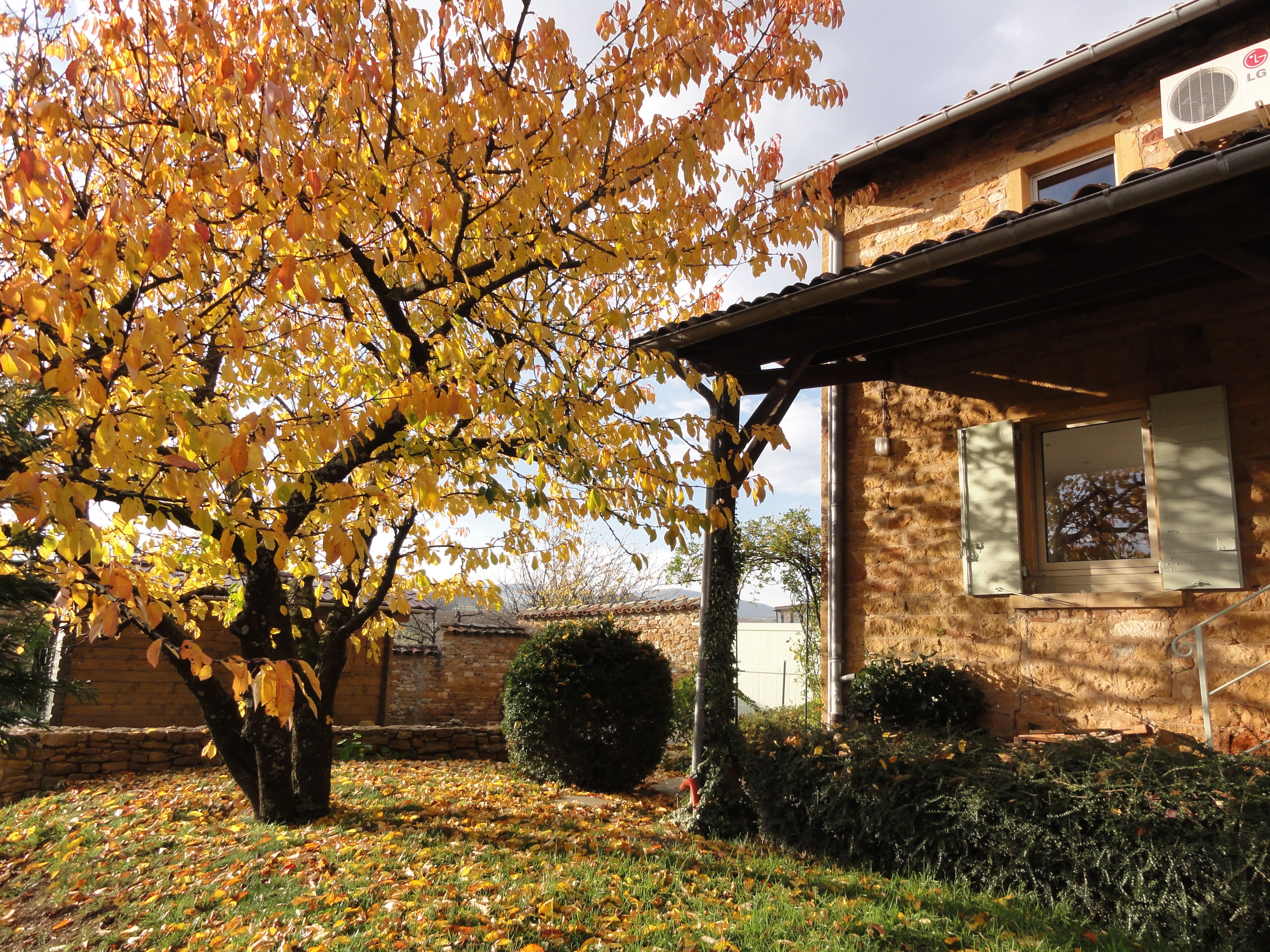 Terrasse du Cottage des Pierres Dorées ouverte sur le jardin